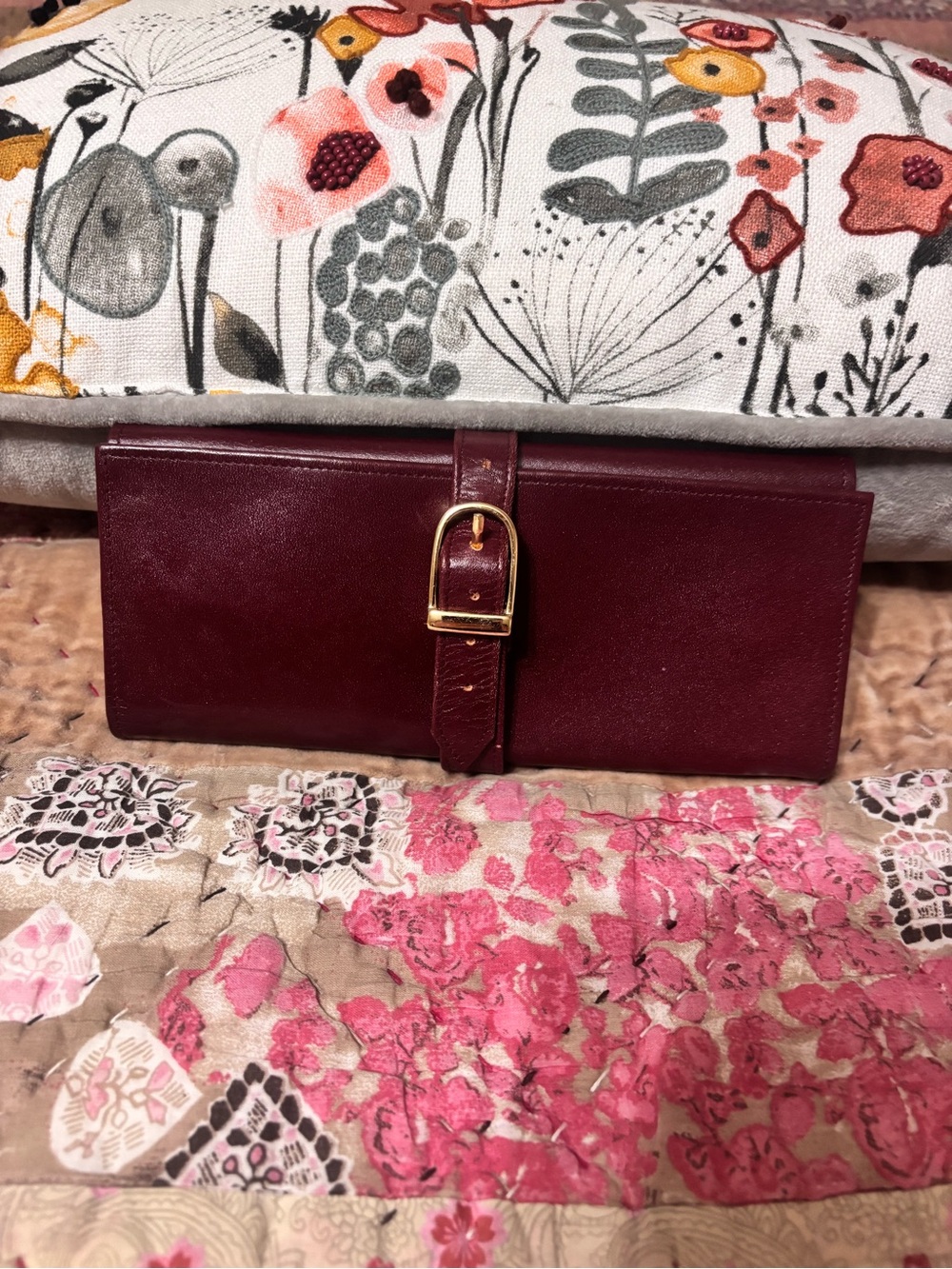 Lodis Burgundy Leather Jewelry Traveling Clutch with Gold Hardware